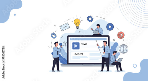 Digital marketing team working on a promotional campaign around a giant laptop screen showing news, videos, and social events.