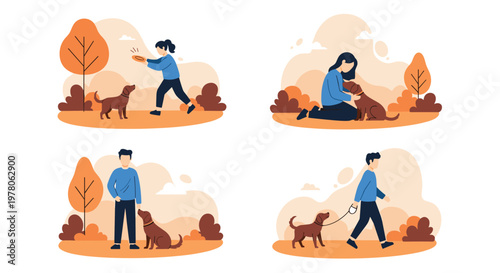 Collection of four scenes showing a man and a woman playing with and walking their brown dog in a colorful autumn park.