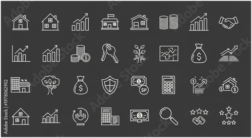 Collection of financial and real estate icons on a dark background for business.