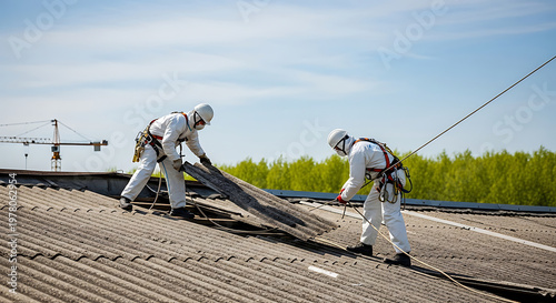 asbestos removal workers in protective suits carefully removing hazardous roof panels from a building ensuring safety.