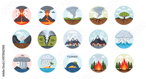 Natural disaster and phenomena icon set features environmental catastrophes like volcanoes, tornadoes, and wildfires.