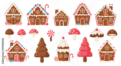 Whimsical gingerbread village features various edible houses decorated with icing, candy canes, and sweet treats.