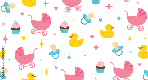 Sweet baby shower seamless pattern includes pink prams, yellow ducks, pacifiers, and cupcakes on a white background.