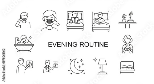 Evening routine illustration depicting various activities before bedtime for relaxation and sleep.