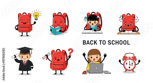 Red backpack character set with different facial expressions showcases various school related activities and emotions.
