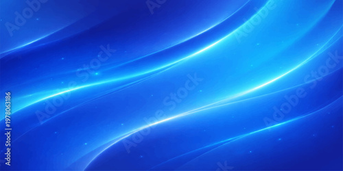 A flowing blue abstract background illustration features smooth waves and soft light curves with a star pattern and green fractal lines for a motion energy wallpaper design