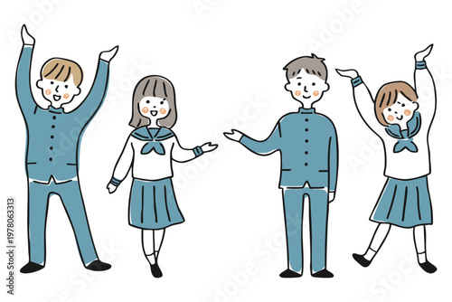 手で案内をする男女と両手を広げて上を示す男女　セット①