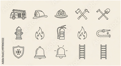 Firefighting equipment icons representing various tools and symbols for emergency response.
