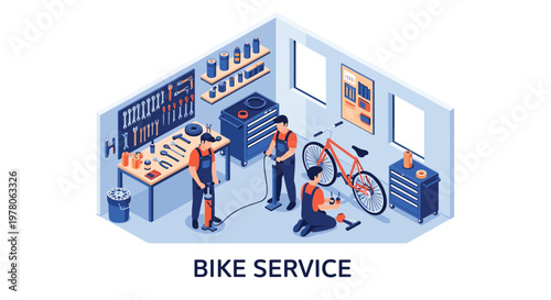 Professional bike service workshop provides a workspace for mechanics to repair and maintain bicycles with tools.