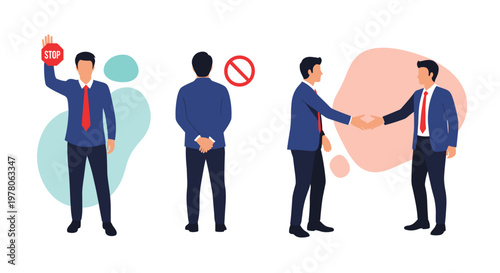 Professional businessmen interact using different gestures including stop signals and handshakes for cooperation.