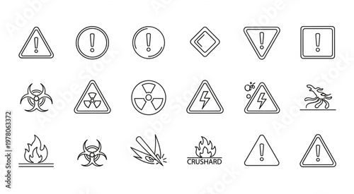 Collection of various hazard warning signs and symbols for safety alerts and warnings.