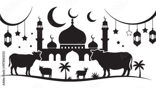 Eid Al-Adha Mosque Silhouette Monochrome Vector Illustration with Cattle and Crescent Moon