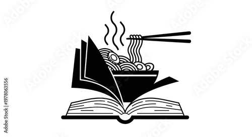 Illustration of steaming noodles on book.
