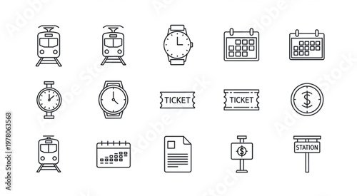 Collection of various transportation, time, and financial icons in a line art style.