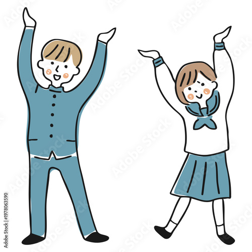 両手を広げて上を示す制服姿の男女