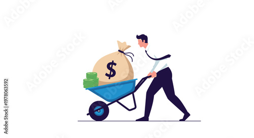 Motivated businessman pushes a wheelbarrow full of money and coins representing financial success and wealth.