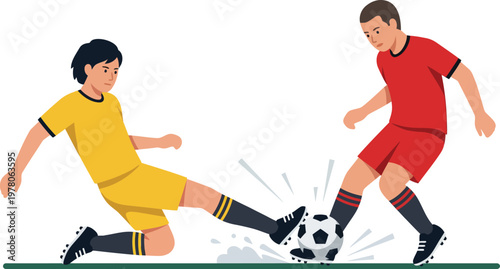 Two soccer players in yellow and red uniforms competing for the ball on green field