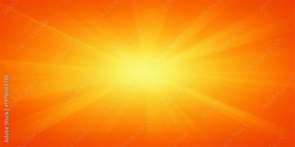 Naklejka premium Abstract orange and yellow sunburst illustration featuring bright sunlight rays in a warm summer sky design with a glowing sunset burst background