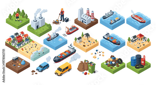 Isometric environmental icons represent various types of pollution including industrial waste and ocean litter.