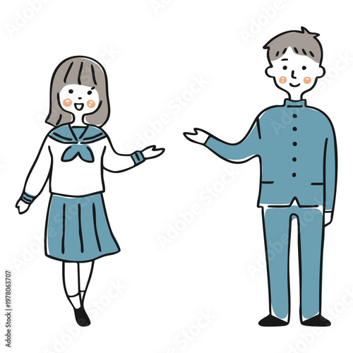 手で案内をする制服姿の男女