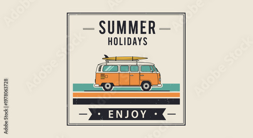 Vintage summer holiday logo features an orange van with a surfboard traveling along a scenic coastal highway.
