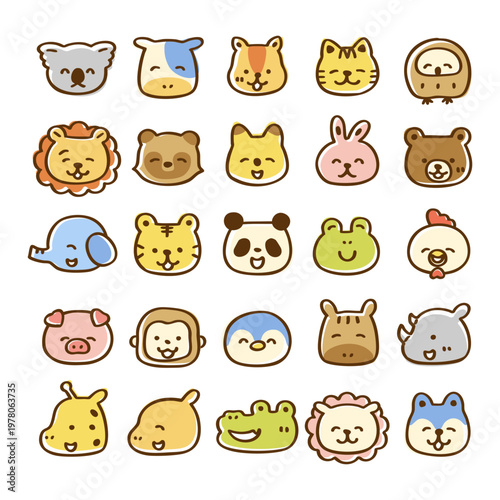 かわいい動物の顔アイコンセット　表情笑顔