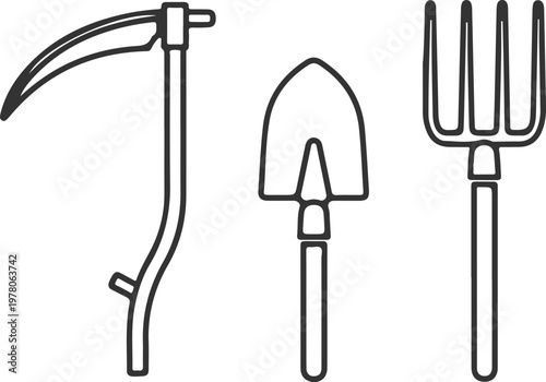 Agricultural tools set including scythe shovel and pitchfork vector illustration for farming and gardening design