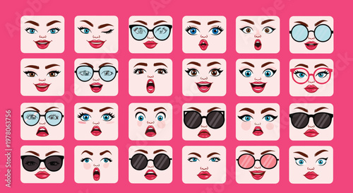 Collection of various women faces with diverse expressions and different styles of glasses for character design.