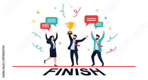 Successful business team celebrates achieving their goals by crossing the finish line with a golden trophy cup.