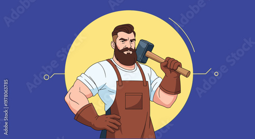 Strong professional blacksmith with a beard holds a heavy hammer while wearing protective gloves and an apron.