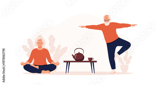 Active elderly couple practices yoga and meditation together at home to maintain a healthy and balanced life.