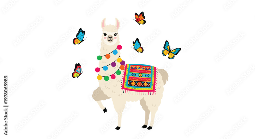 Fototapeta premium Cute white llama decorated with colorful pom-poms and a patterned blanket surrounded by several flying butterflies.