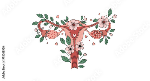 Artistic floral illustration of the female reproductive system uses blooming flowers to represent health and beauty.