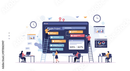 Diverse team of professionals working on a digital dashboard for agile project management using various charts and task boards.