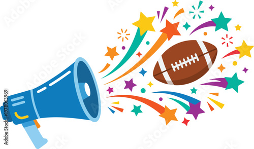 Vibrant illustration of a blue megaphone announcing a football with colorful stars and confetti