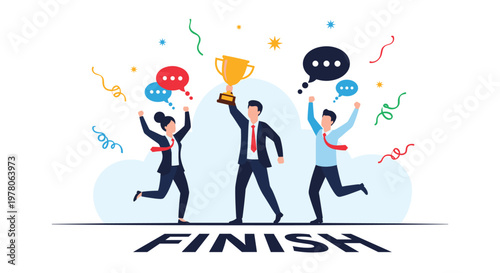Group of joyful business colleagues celebrating their victory at the finish line with a golden trophy and colorful confetti.