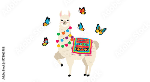 Cute white llama decorated with colorful pom-poms and a patterned blanket surrounded by several flying butterflies.