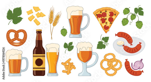Collection of beer glasses, bottles, hops, and various snacks like pizza, pretzel, and sausages on a white background.