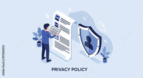 User checking a data privacy policy document protected by a large blue shield with human silhouette in a digital space.
