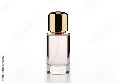 Luxury glass perfume bottles and blue nail polish containers with cosmetic liquid are isolated on a white background for beauty and fashion care