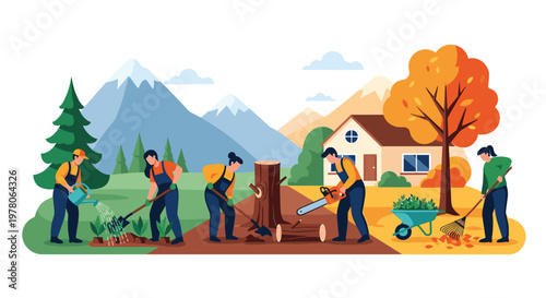 Group of people performing various gardening tasks like watering, digging, and raking leaves in an autumn landscape.