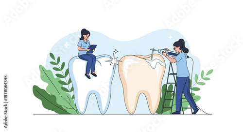 Creative dental care illustration with miniature dentists cleaning and repairing large human teeth in a clinic setting.