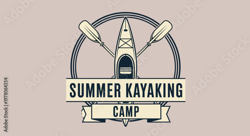 Classic retro style logo for a summer kayaking camp featuring a kayak and two crossed paddles in a bold circular frame.