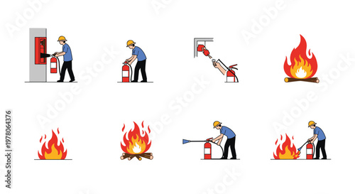 Practical step-by-step instructional diagrams showing how to correctly use a fire extinguisher to put out a small fire.