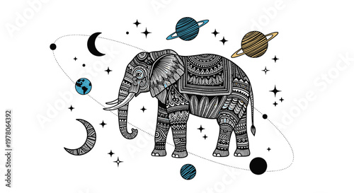 Artistic illustration of a decorative patterned elephant surrounded by stars, moons, and planets in a cosmic space.