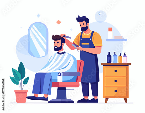Man getting haircut at barbershop chair.