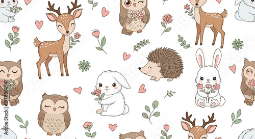 Adorable seamless pattern background featuring woodland animals like deer, bunnies, owls, and hedgehogs with flowers.
