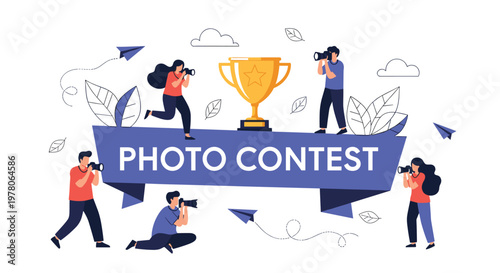 Diverse group of photographers with cameras participating in a photo contest organized around a large trophy and banner.