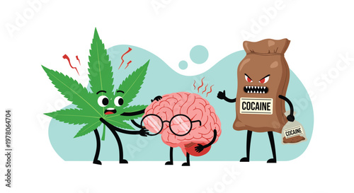 Impact of drugs on the brain represented by cartoon characters of marijuana and cocaine bullying a nervous human brain.
