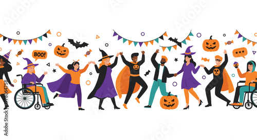 Happy people in various Halloween costumes dancing and celebrating with spooky decorations in a horizontal seamless pattern.